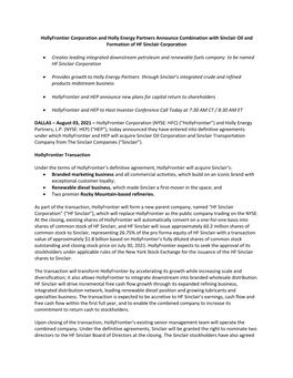 Hollyfrontier Corporation and Holly Energy Partners Announce Combination with Sinclair Oil and Formation of HF Sinclair Corporation