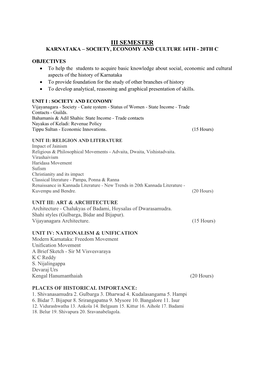 Iii Semester Karnataka – Society, Economy and Culture 14Th - 20Th C