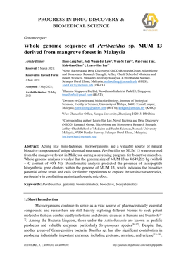 Whole Genome Sequence of Peribacillus Sp. MUM 13 Derived from Mangrove Forest in Malaysia