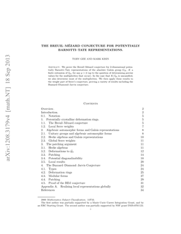 Arxiv:1208.3179V4 [Math.NT] 18 Sep 2013 Necsatn Rn.Tescn Uhrwsprilysuppo Partially Was Author Second the Grant