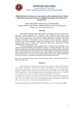 Perlindungan Hukum Atas Karya Cipta Permainan Video Menurut Undang-Undang Nomor 28 Tahun 2014 Tentang Hak Cipta