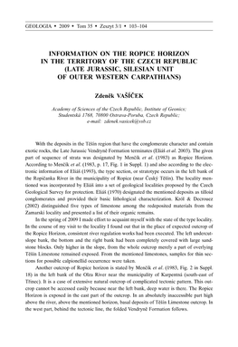 Information on the Ropice Horizon in the Territory of the Czech Republic (Late Jurassic, Silesian Unit of Outer Western Carpathians)