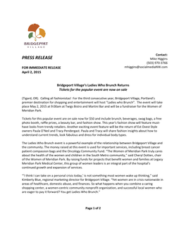 PRESS RELEASE Mike Higgins (503) 970-3766 for IMMEDIATE RELEASE Mhiggins@Socialmedianw.Com April 2, 2015 