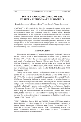 Survey and Monitoring of the Eastern Indigo Snake in Georgia