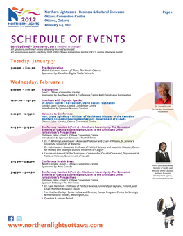 SCHEDULE of EVENTS Last Updated - January 17, 2012 (Subject to Change) All Speakers Confirmed Unless Otherwise Marked As Invited