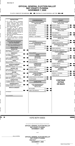 Official General Election Ballot Bay County, Florida November 7, 2000