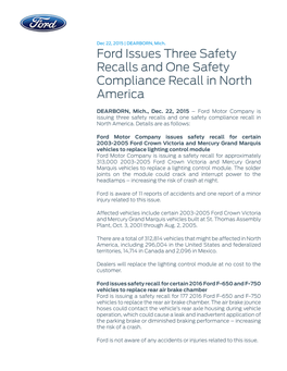 Ford Issues Three Safety Recalls and One Safety Compliance Recall in North America