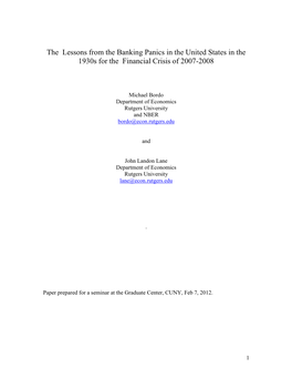 The Banking Panics in the United States in the 1930S for the Financial Crisis of 2007-2008