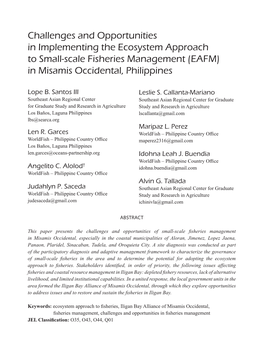 Challenges and Opportunities in Implementing the Ecosystem Approach to Small-Scale Fisheries Management (EAFM) in Misamis Occidental, Philippines