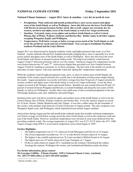 August 2011 Climate Summary