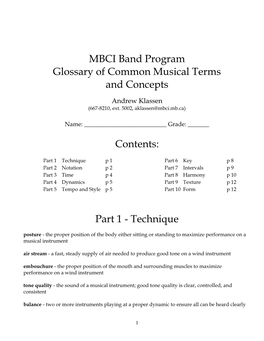 MBCI Band Program Glossary of Common Musical Terms and Concepts Contents: Part 1