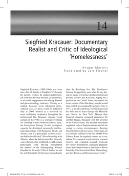 Siegfried Kracauer: Documentary Realist and Critic of Ideological ‘Homelessness’