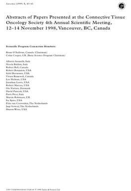 Abstracts of Papers Presented at the Connective Tissue Oncology Society 4Th Annual Scienti®C Meeting, 12±14 November 1998