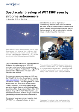 Spectacular Breakup of WT1190F Seen by Airborne Astronomers 16 November 2015, by Bob King