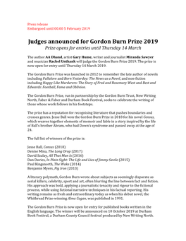 Judges Announced for Gordon Burn Prize 2019 Prize Opens for Entries Until Thursday 14 March