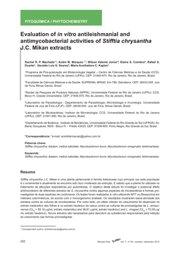 Evaluation of in Vitro Antileishmanial and Antimycobacterial Activities of Stifftia Chrysantha J.C