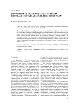 Composition of Orthoptera Assemblages in Grassland Habitats at Lower-Tisza Flood Plain