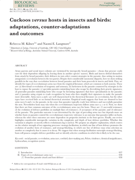 Cuckoos Versus Hosts in Insects and Birds: Adaptations, Counter-Adaptations and Outcomes