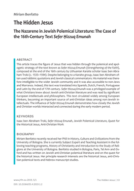 The Hidden Jesus the Nazarene in Jewish Polemical Literature: the Case of the 16Th-Century Text Sefer Ḥizzuq Emunah