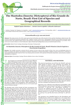 The Mantodea (Dictyoptera: Insecta) of Rio Grande Do Norte, Brazil: First List of Species and Geographical Records