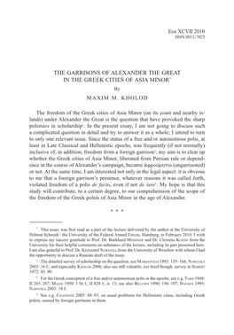 The Garrisons of Alexander the Great in the Greek Cities of Asia Minor* by Maxim M