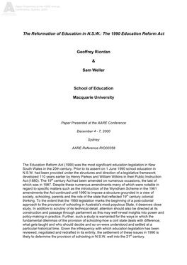 The Reformation of Education in N.S.W.: the 1990 Education Reform Act