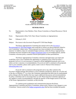 FY20 Budget Letter to House Committee