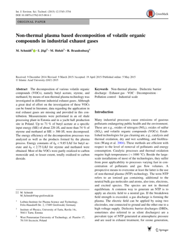 Non-Thermal Plasma Based Decomposition of Volatile Organic Compounds in Industrial Exhaust Gases