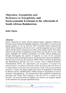Migration, Xenophobia and Resistance to Xenophobia, and Socio-Economic Exclusion in the Aftermath of South African Rainbowism