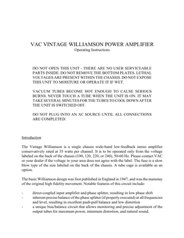 VAC VINTAGE WILLIAMSON POWER AMPLIFIER Operating Instructions