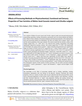 Effects of Processing Methods on Physicochemical, Functional and Sensory Properties of Two Varieties of Melon Seed Cucumis Mannii and Citrullus Vulgaris