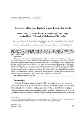 Occurrence of Hip Joint Dysplasia in Some Hunting Dog Breeds