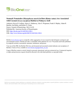 Stomach Nematodes (Mastophorus Muris) in Rats (Rattus Rattus) Are Associated with Coconut (Cocos Nucifera) Habitat at Palmyra Atoll Author(S): Kevin D