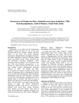 Occurrences of Wedge Sea Hare, Dolabella Auricularia (Lightfoot, 1786) from Kayalpatinam , Gulf of Mannar, Tamil Nadu, India