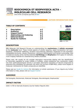 BIOCHIMICA ET BIOPHYSICA ACTA - MOLECULAR CELL RESEARCH One of the 10 Topical Journals of BBA