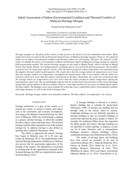 Initial Assessment of Indoor Environmental Condition and Thermal Comfort of Malaysia Heritage Mosque