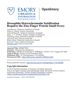 Drosophila Heterochromatin Stabilization Requires the Zinc-Finger Protein Small Ovary Leif Benner, National Institutes of Health Elias A