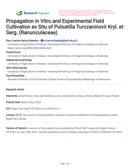 Propagation in Vitro and Experimental Field Cultivation Ex Situ of Pulsatilla Turczaninovii Kryl. Et Serg. (Ranunculaceae)