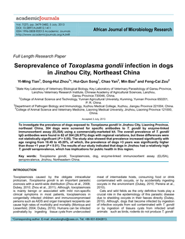 Seroprevalence of Toxoplasma Gondii Infection in Dogs in Jinzhou City, Northeast China