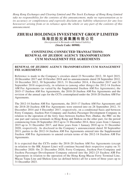 Renewal of Jiuzhou Agency Transportation Cum Management Fee Agreements