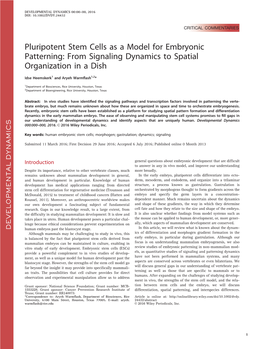 Pluripotent Stem Cells As a Model for Embryonic Patterning: from Signaling Dynamics to Spatial Organizationa in a Dish