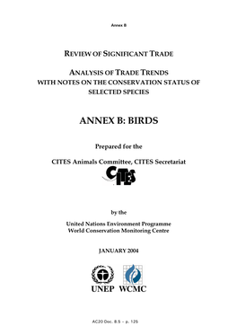 Annex B: Birds