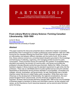 From Library Work to Library Science: Forming Canadian Librarianship, 1920-1960