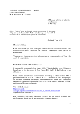 Association Agir Autrement Pour La Xaintrie , Lacan – 19430 Goulles N° De Déclaration!: W192002080 À Monsieur Le Préfet De