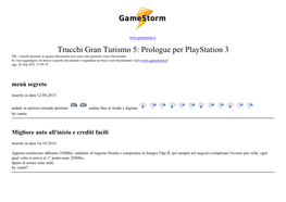 Tutti I Trucchi E Codici Di Gran Turismo 5: Prologue Per Playstation 3