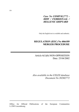 Hdw / Ferrostaal / Hellenic Shipyard Regulation (Eec)