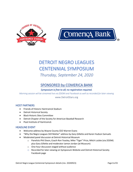 DETROIT NEGRO LEAGUES CENTENNIAL SYMPOSIUM Thursday, September 24, 2020