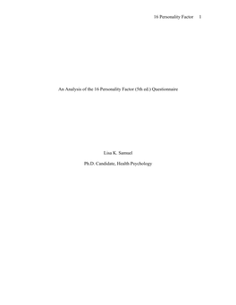 16 Personality Factor 1 an Analysis of the 16 Personality Factor