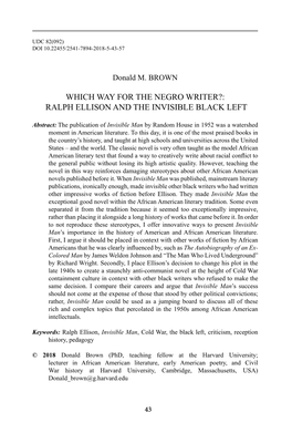 Donald M. Brown. Which Way for the Negro Writer?: Ralph Ellison And