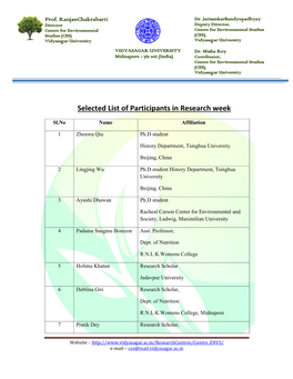 Selected List of Participants in Research Week